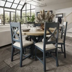 Hot Heritage Editions Blue Large Round Dining Table and 6 Upholstered Chairs Dining Sets