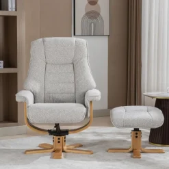 Best Sardinia Swivel Recliner Chair & Stool Set in Greige Fabric Recliner Chairs
